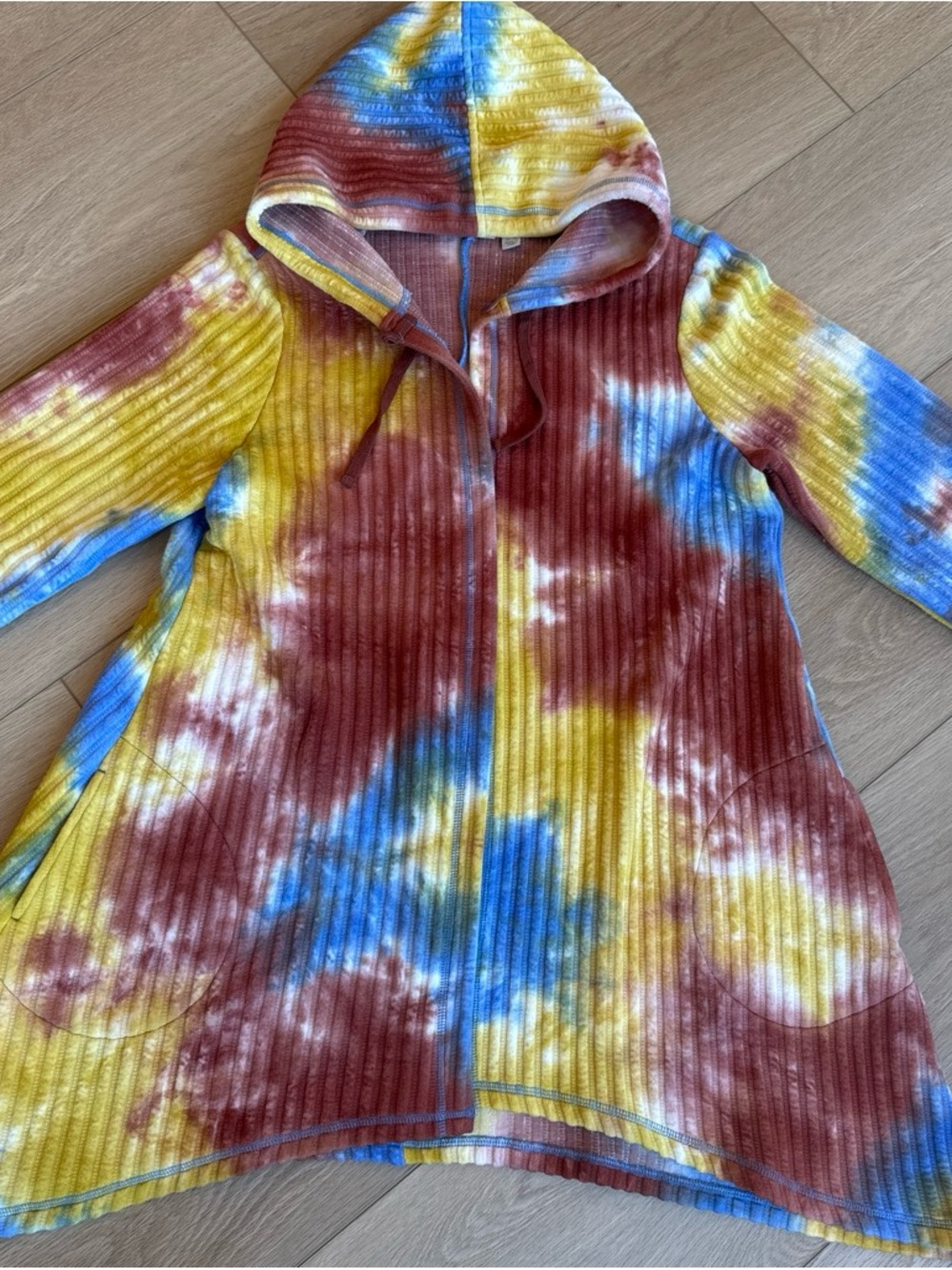 LOGO by Lori Goldstein Tie-Dye Hooded Zip Cardigan in Yellow, Blue & Brown